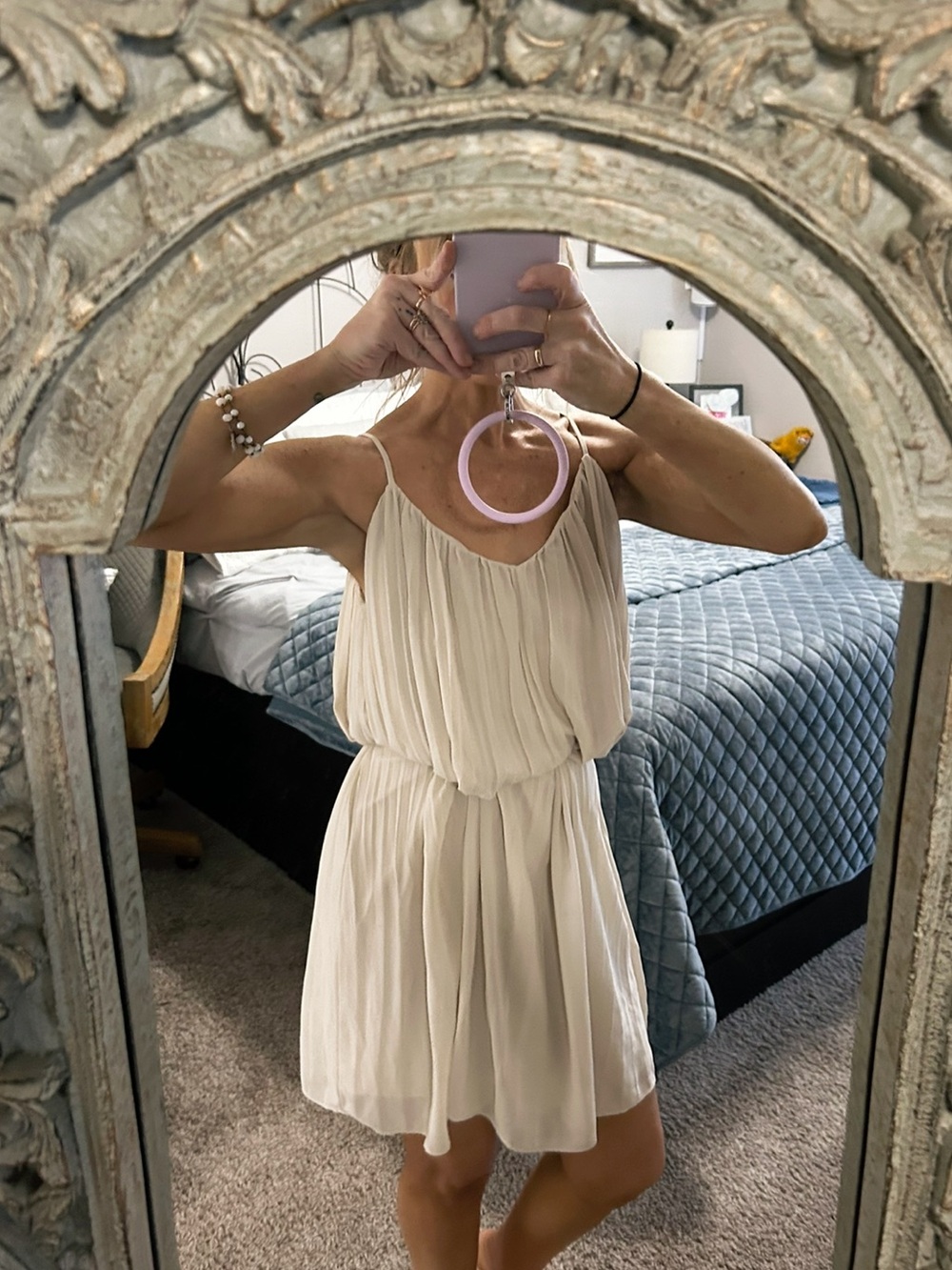 Naked Zebra Cream Pleated Mini Dress with Spaghetti Straps
